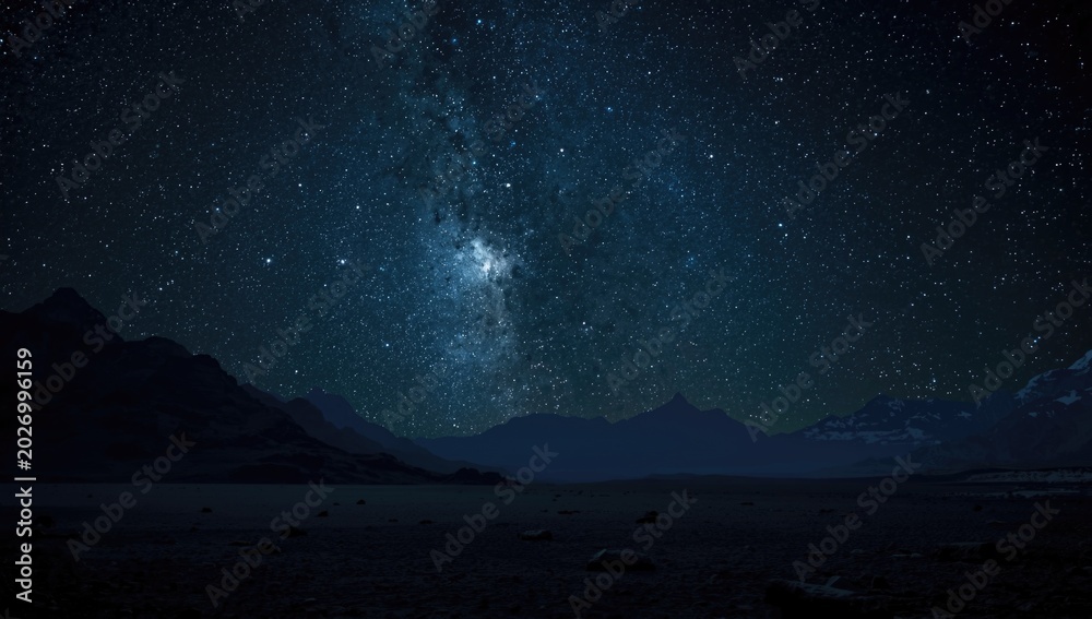 Fototapeta premium Alien planet surface with mountain silhouettes and star filled dark cosmos