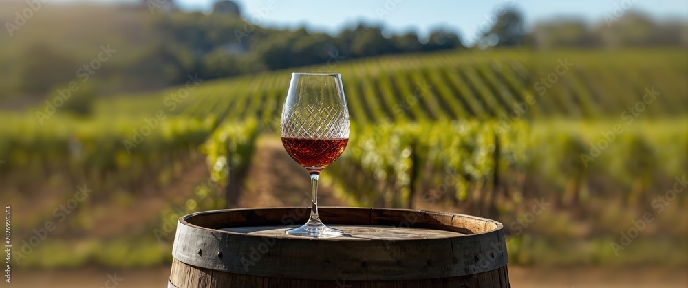 Fototapeta premium Tawny Wine Glass on Barrel Vineyard Background, Warm Light, Alfresco Setting