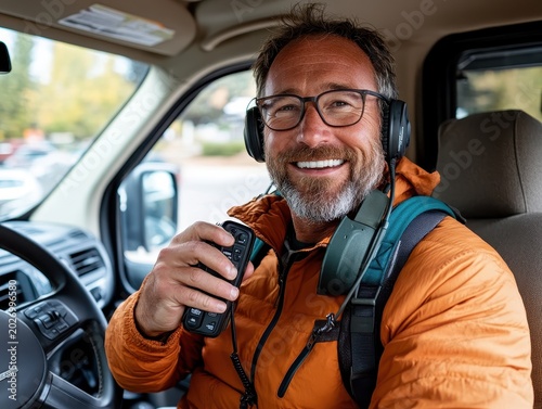 Happy Caucasian man inside vehicle holding radio during daytime
