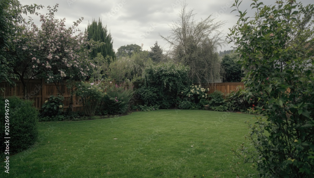 Obraz premium Calm Backyard Scene with Green Lawn and Flowering Shrubs Cloudy Afternoon, Lush Vegetation