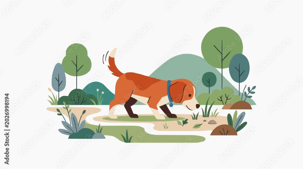 Fototapeta premium Cute cartoon dog walking in a park with trees and bushes