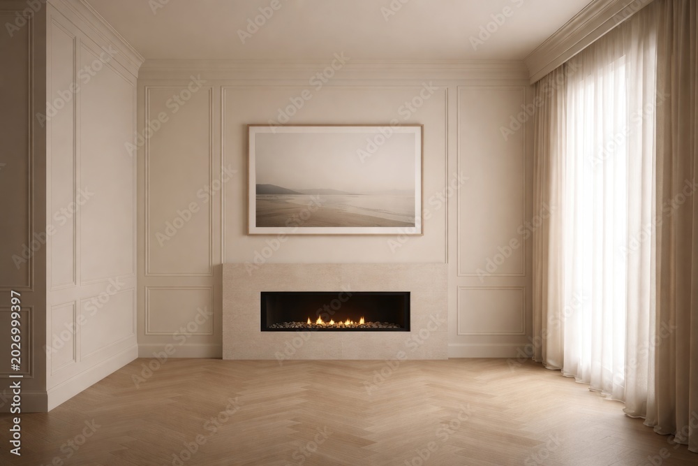 Fototapeta premium Minimalist beige empty room showing fireplace, large photograph, curtained window, and wall panels