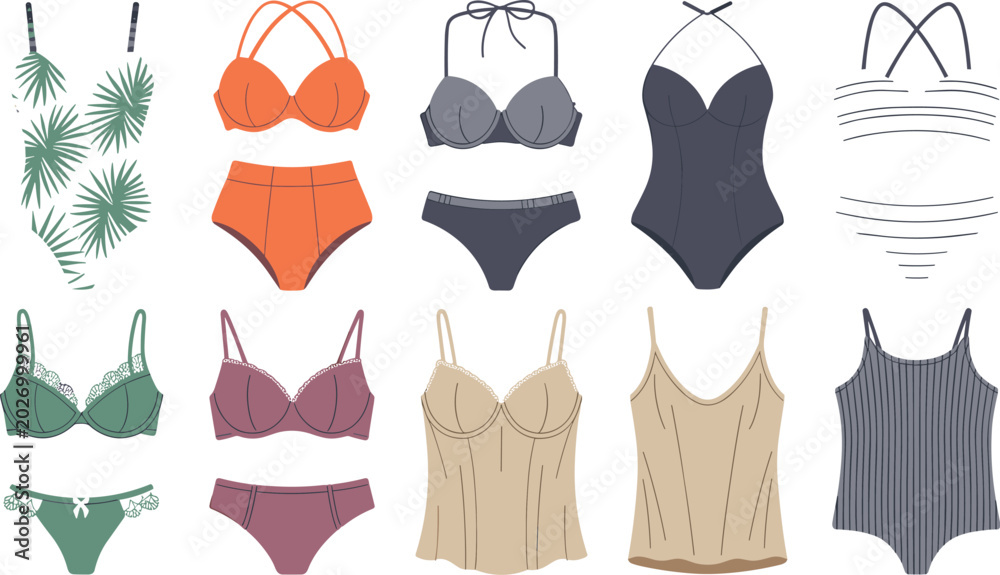 Αυτοκόλλητο Women Lingerie and Swimwear Vector Set with Bikinis, Underwear, Swimsuits, and C