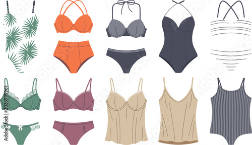 Schilderij op canvas Women Lingerie and Swimwear Vector Set with Bikinis, Underwear, Swimsuits, and C