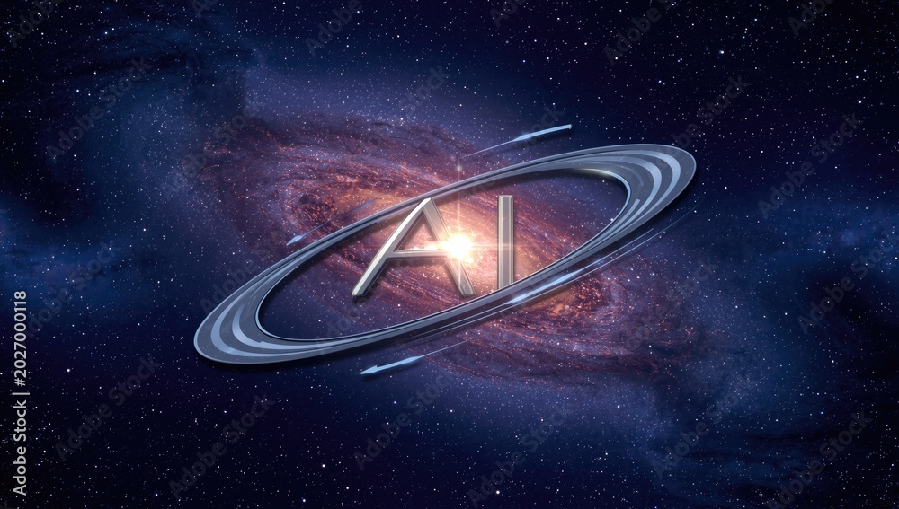 Fototapeta premium AI symbol expressing a planetary orbit within a luminous star galaxy
