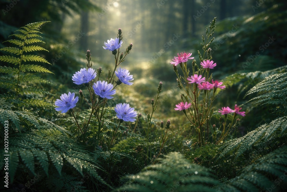 Obraz premium Wild chicory and centaury flowers blooming with dewy ferns in serene forest