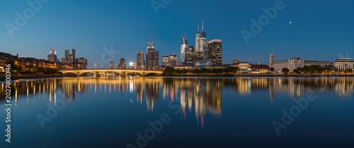 Cityscape Reflected in Calm River Evening View, Serene Atmosphere, High Detail