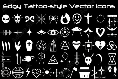 Dark Gothic Tattoo Vector Icon Collection, Edgy Skull Symbols, Punk Occult Illustrations, Heavy Metal Style Graphics, Black Ink Flash Art, Alternative Tattoo Emblems, Grunge Vector Pack Set.