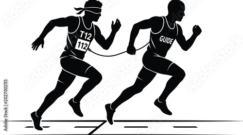 Dynamic black and white running duo illustration with guide and athlete racing on track isolated on white background