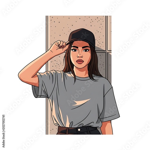 Young person in a cap and t-shirt, leaning against wall