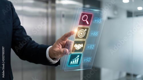 CRM Analytics and Data Pipeline Concept: Professional Hand Interacting with Holographic Corporate Growth and Performance Matrix