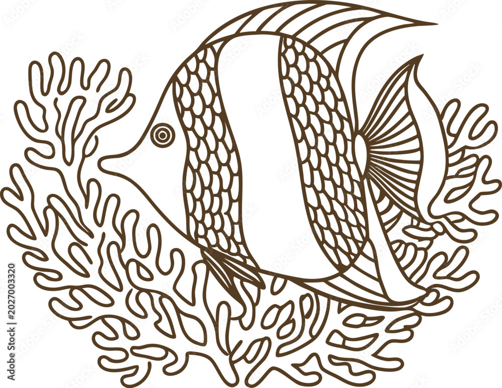 Obraz premium Intricate line art of tropical fish swimming among coral reef detailed ocean life sketch in monochrome