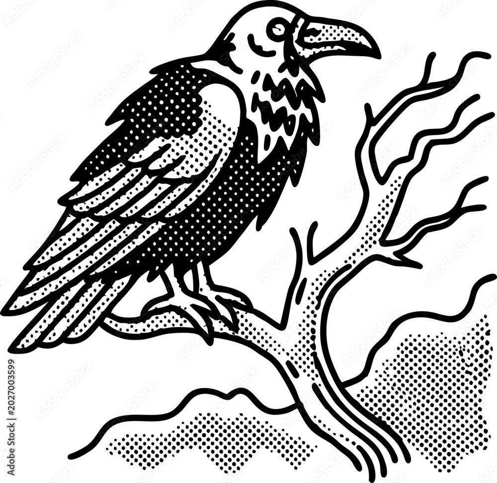 Fototapeta premium Black crow perched on a bare branch in a minimalist dotwork illustration