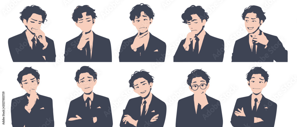 Obraz premium ビジネスマンの様々な表情とポーズのイラスト集。思考、疑問、自信、喜びなど、多様な感情を表現。
