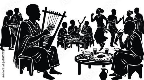 Ancient black silhouette illustration of traditional gathering with music and communal dining isolated on white background