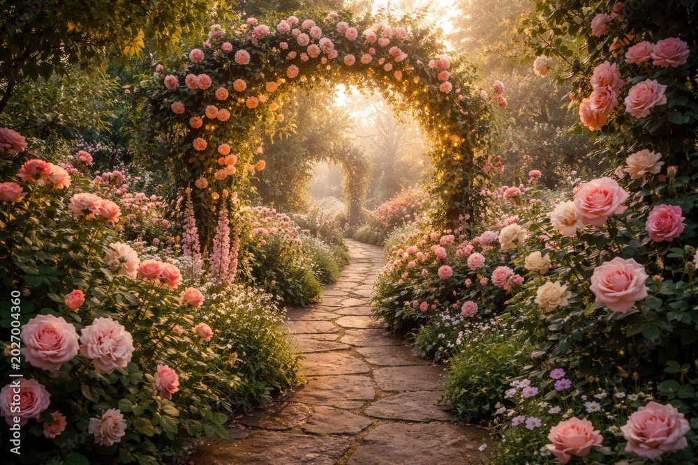 Fototapeta premium Charming garden trail featuring blooming roses and fairy tale ambiance
