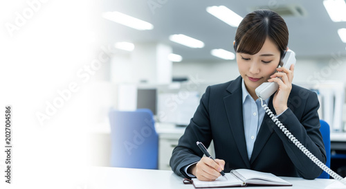 オフィスで電話をしながらメモを取る女性社員。アジア人、日本人。コピースペースあり