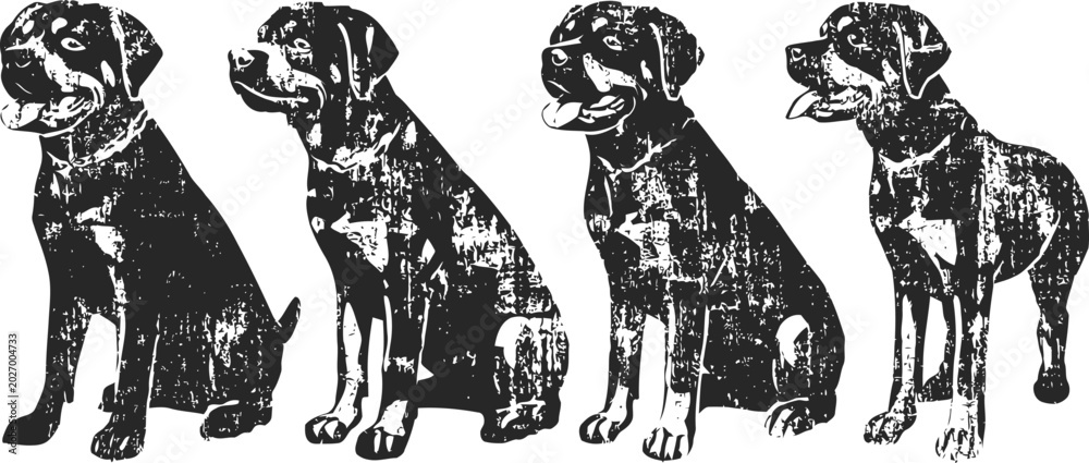 Fototapeta premium Four rottweiler dogs in different sitting and standing poses, black and white vintage illustration
