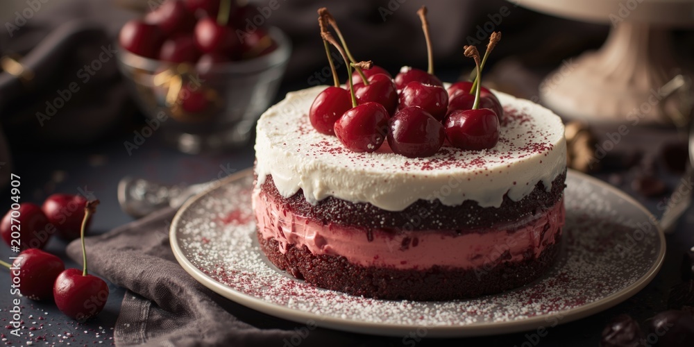 Fototapeta premium Cherry infused festive red cake dessert with space for text