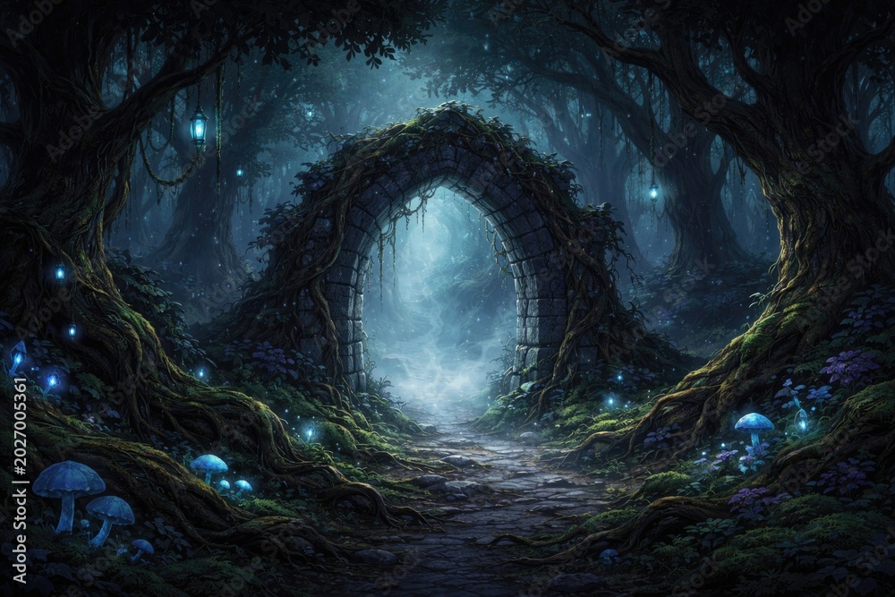 Fototapeta premium Toon style dark enchanted forest with a mist covered archway perfect for background design