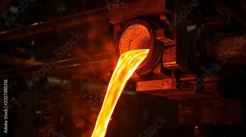 Molten metal pouring from industrial furnace in steel manufacturing plant