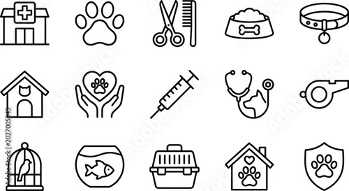Fotografie Black line icons of various pet care and animal related items on white backgroun