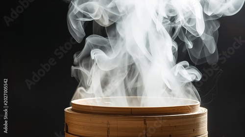 White steam rising from traditional bamboo steamer basket on dark background cooking concept