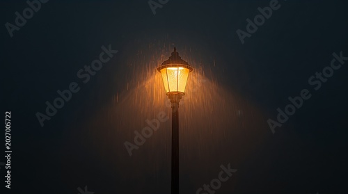 Vintage street lamp glowing in rainy night atmosphere concept