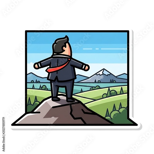 Businessman surveying a vast, green landscape from a mountaintop