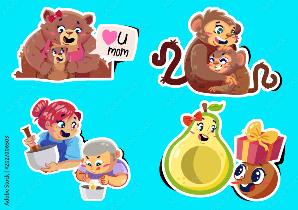 Fototapeta premium Mother’s Day Cute Cartoon Bundle – Family Love, Gifts, and Kawaii Characters