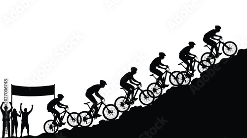 Dynamic black silhouette cyclists climbing uphill with cheering crowd and flag isolated on white background
