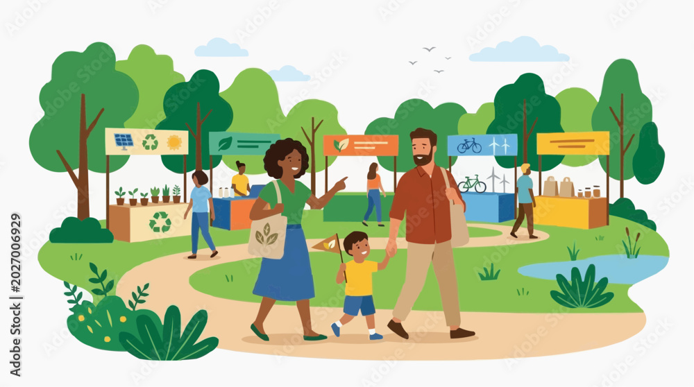 Fototapeta premium Family enjoys a day at an eco friendly market with sustainable products and green energy displays