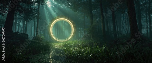Artwork depicting a radiant round portal in a dense forest and marsh environment fantasy narrative