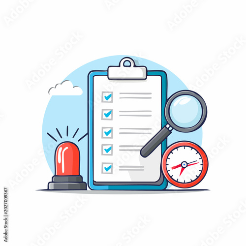 Checklist, Magnifying Glass, Clock, and Warning Light Illustration