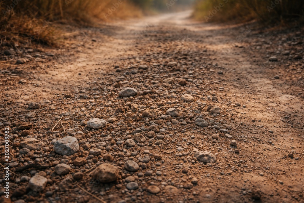 Fototapeta premium Brown earth mixed with coarse gravel on dusty rural path