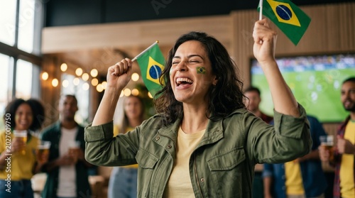 Closeup de torcedor brasileiro emocionado comemorando momento decisivo do futebol internacional em atmosfera moderna e vibrante