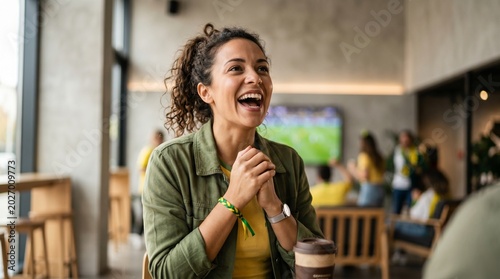 Closeup de torcedor brasileiro emocionado comemorando momento decisivo do futebol internacional em atmosfera moderna e vibrante