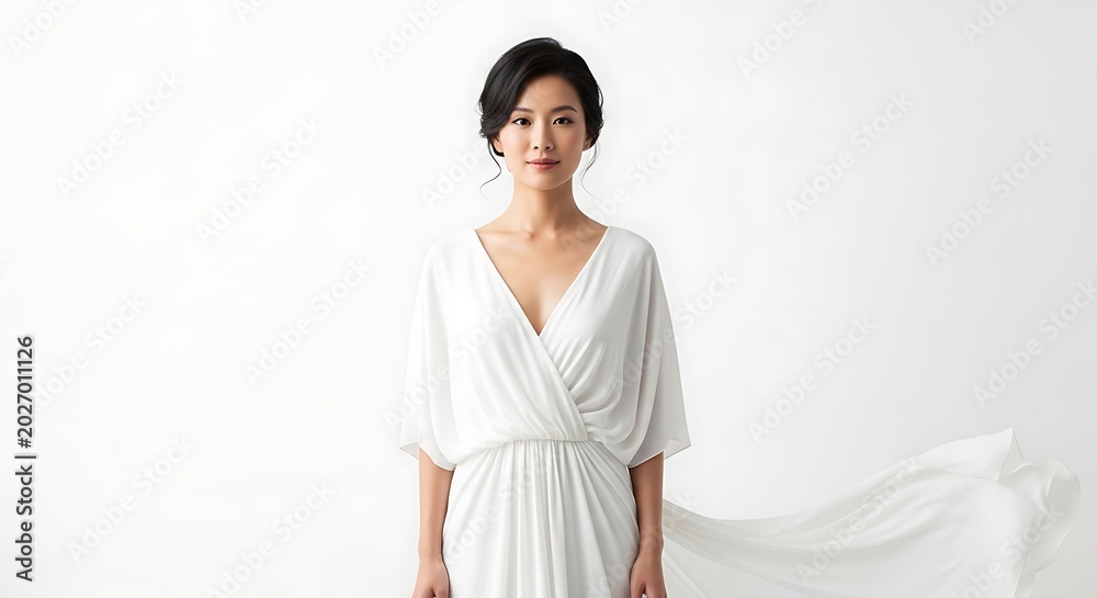 Obraz premium Asian woman in white dress smiling.