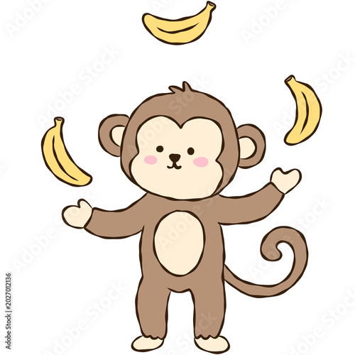 Photography Funny cartoon monkey with bananas, playful monkey illustration