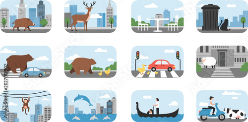 Quadro su tela Wild Animals in Urban City Illustration Set Featuring Bears, Deer, Dolphins, Mon