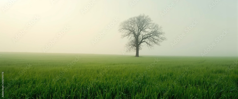 Fototapeta premium A lone slender tree visible through soft fog on a thriving green open field