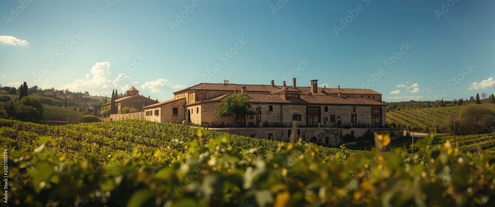 Fototapeta premium Bright midday view of traditional winery surrounded by well maintained vineyard terraces