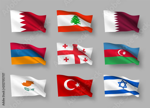 Картината върху платно A set of 9 vector flag icons of Middle East countries with shadows, isolated on grey background