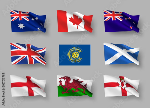 A set of 8 vector flag icons of UK and British Commonwealth countries with shadows, isolated on grey background. 3D styled design elements from world collection created using gradient mesh