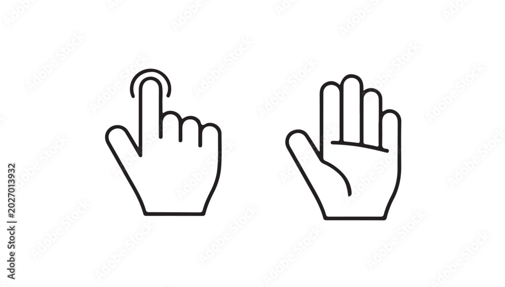 Obraz premium Hand gesture icons depicting clicking and open palm for web interaction and digital screen control.