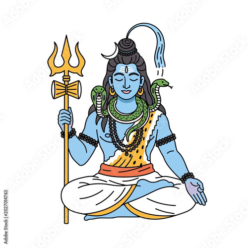 Tablou pe pânză Lord Shiva Meditating with Serpent and Trident, Hindu Deity Illustration