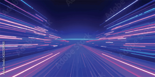 Photos Futuristic digital highway with purple and blue neon light streaks, technology