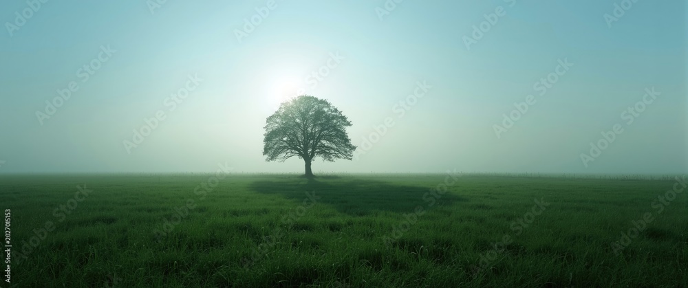 Fototapeta premium calm spiritual journey symbolized by a single tree silhouette on a lush meadow
