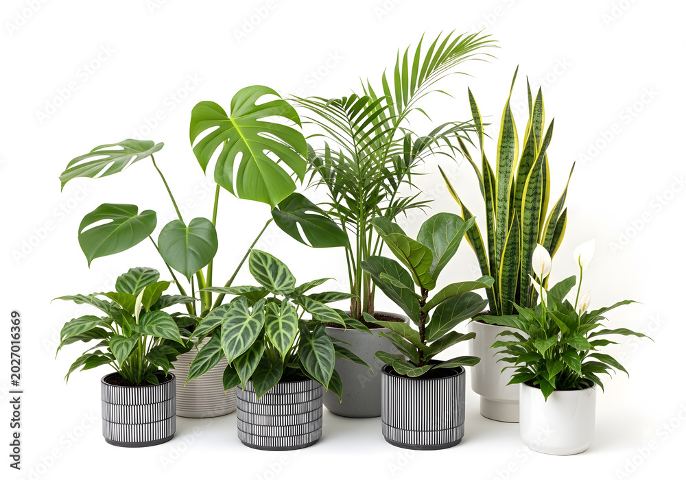 Fototapeta premium Assorted tropical houseplants in modern striped and white pots against bright studio background