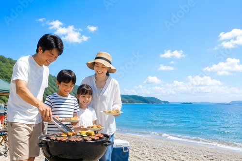 晴れた日の海辺でバーベキューを楽しむ家族の夏休みと思い出のアウトドアイメージ（AI生成）